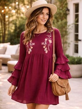 Umgee Burgundy Embroidered Mini Dress Bell Sleeve Poetcore Modern Boheme
